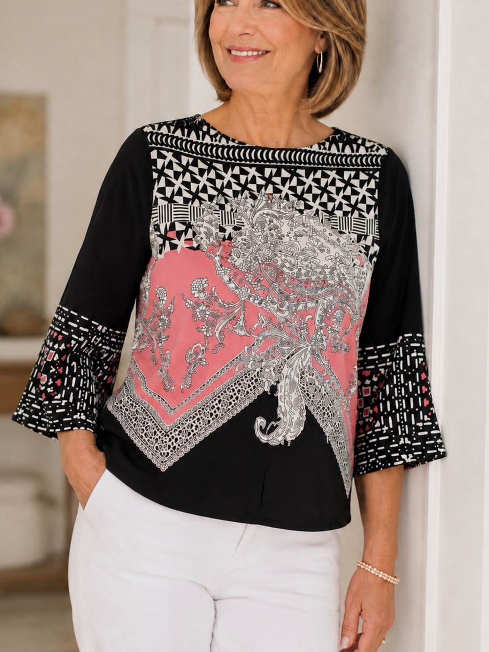 Alfani Pink & Black Floral Pattern Blouse w/ Bell Sleeves Size XL